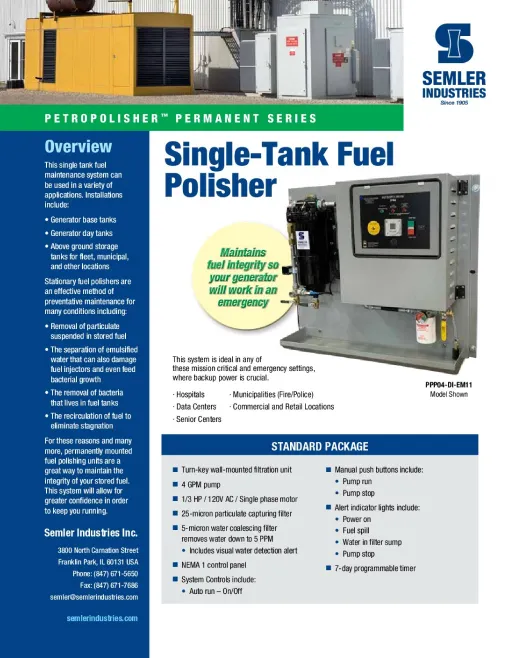 Stationary Single Tank Fuel Polisher Datasheet